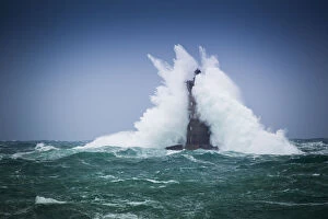 Wave Gallery: Waves lashing the Four Lighthouse during winter storm, Northern Brittany, France, December 2011