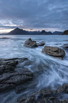 Ross Hoddinott Collection: Waves washing up Elgol beach in the evening light with a view of the Cuillins, Strathaird