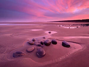 2020 September Highlights Gallery: Westward Ho! beach at sunrise, colourful sky at low tide and tidal pool, north Devon, UK