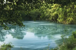 Elio Della Ferrera Prints: Whirl pool with foam (from waterfall) or pollution floating on surface, Trebizat River