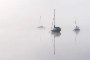 Boat Prints: Wimbleball reservoir, mist, reflections and sailing boats