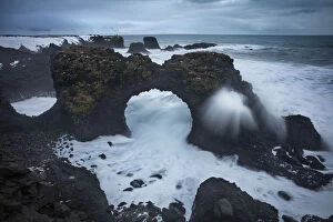 Bad Weather Gallery: Winter storm on the coast near Arnastapi (rock arch of Gatklettur), Snaefellsness Peninsula