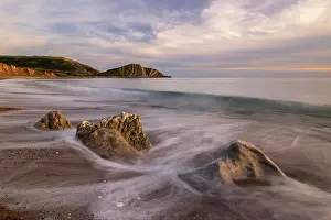 Worbarrow Bay bathed in late evening light, Isle of Purbeck, Dorset, England, UK. October, 2023